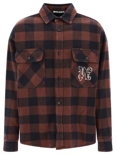Shop Palm Angels "pa Monogram Check" Overshirt In Brown