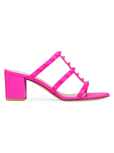 Shop Valentino Women's Rockstud Patent-leather Slide Sandals In Pink