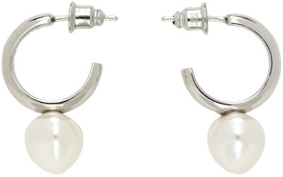 Shop Simone Rocha Silver & White Open Hoop Earrings In Pearl