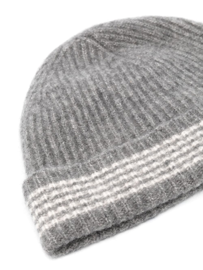 Shop Eleventy Stripe-detailing Ribbed-knit Beanie In Grey