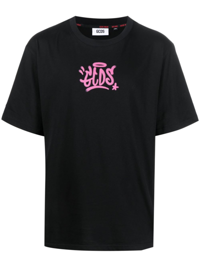 Gcds Black Graffiti Print Cotton T-shirt In Schwarz