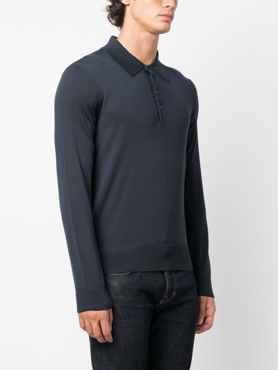 Shop Tom Ford Piqué Long-sleeve Polo Shirt In Blue