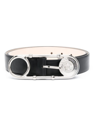Shop Versace Safety-pin Leather Belt In Schwarz