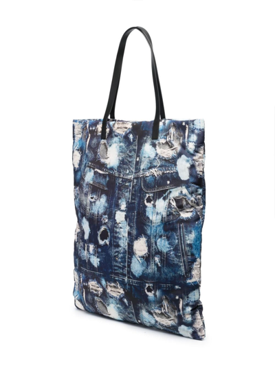 Shop John Richmond Ripped Denim-print Tote Bag In Blue