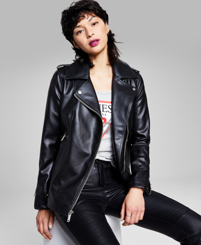 Shop Guess Women's Oversized Faux-leather Moto Jacket, Created For Macy's In Black