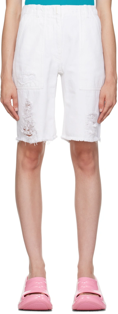Shop Givenchy White Destroyed Denim Shorts In 100 White