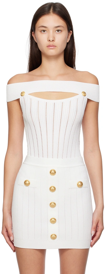 Shop Balmain White Off-the-shoulder Bodysuit In 0fa Blanc