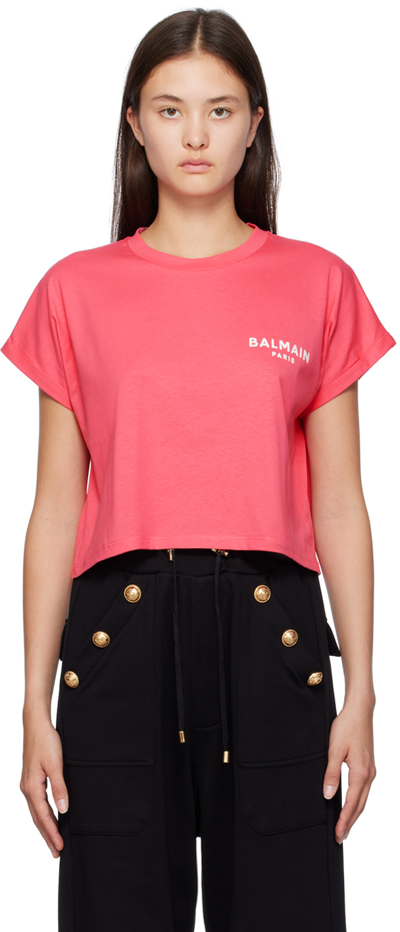 Shop Balmain Pink Flock T-shirt In Oev Rose Fuchsia/nat