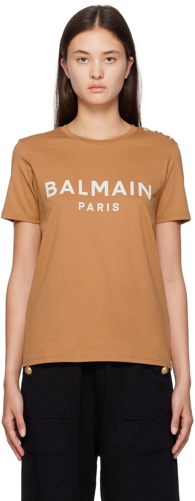 Shop Balmain Tan Printed T-shirt In Wce Camel/ Naturel