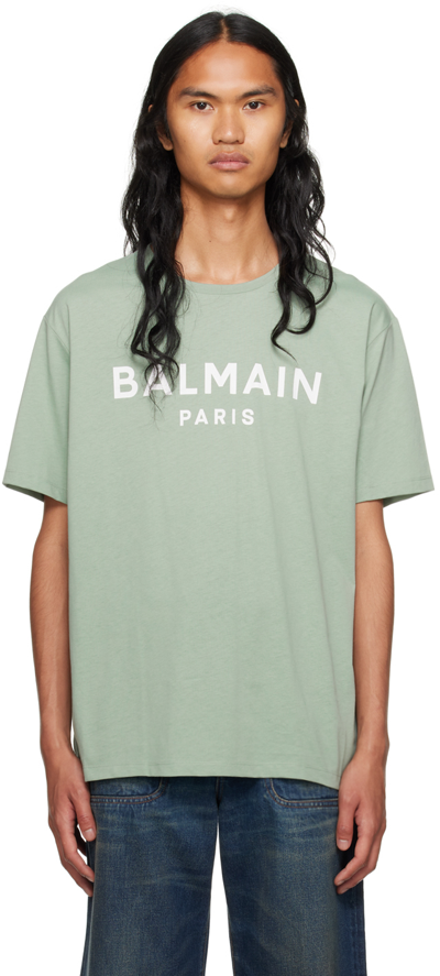 Shop Balmain Green Printed T-shirt In Ues Vert Jade/ Natur