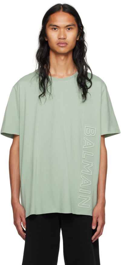 Shop Balmain Green Embossed T-shirt In Ues Vert Jade/ Natur