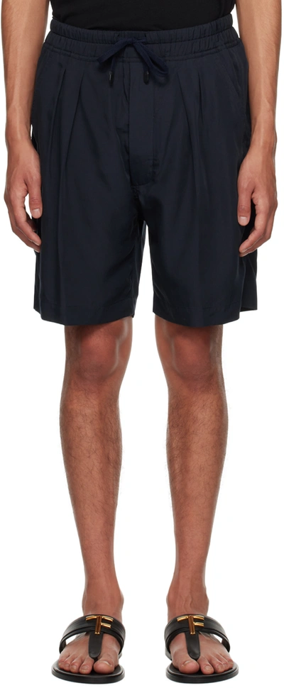 Shop Tom Ford Navy Pleated Shorts In Hb785 Ink Blue