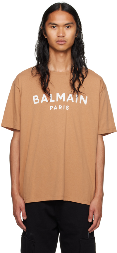 Shop Balmain Orange Printed T-shirt In Wce Camel/ Naturel