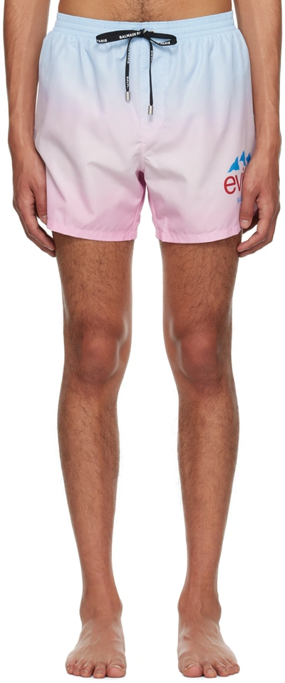 Shop Balmain Pink Evian Edition Swim Shorts In Shp Bleu/rose Päle/r