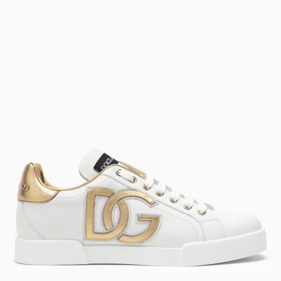 Shop Dolce & Gabbana Dolce&gabbana | White And Gold Leather Low-top Sneakers