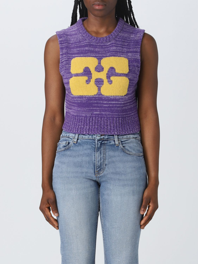 Shop Ganni Waistcoat In Wool With Contrasting Inlaid Logo In Violet