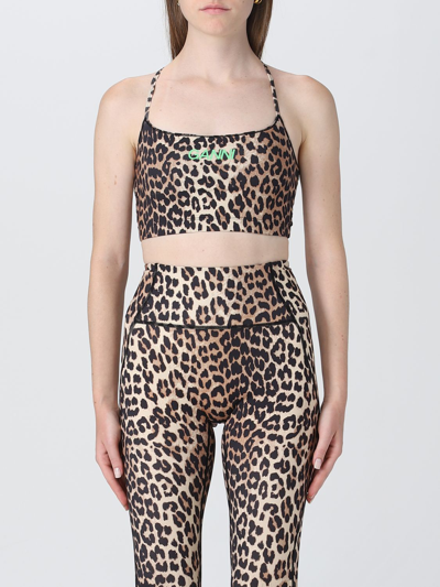 Shop Ganni Top In Nylon With Animal Print In Beige