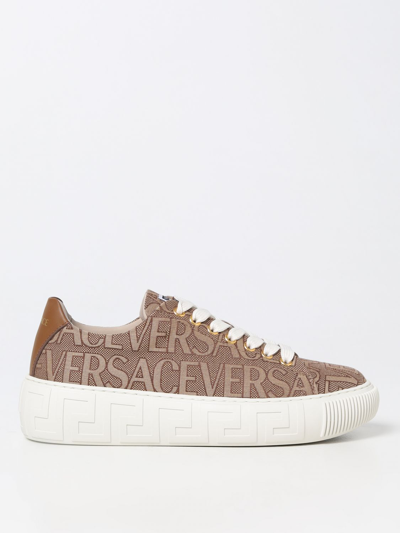 Shop Versace Sneakers In Fabric With Jacquard Logo In Brown