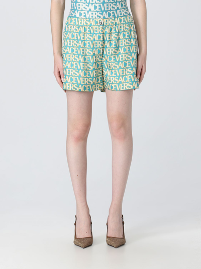 Shop Versace Shorts In Silk In Turquoise