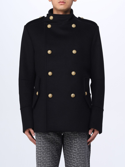 Shop Balmain Caban In Virgin Wool With Logoed Buttons In Black