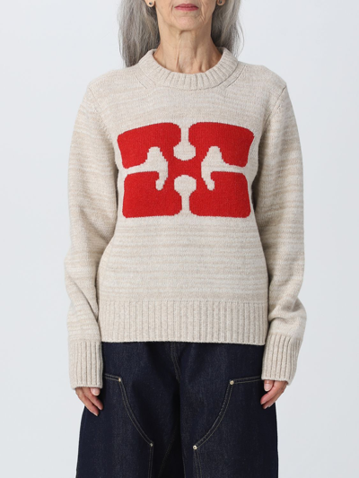 Shop Ganni Wool Sweater With Inlaid Logo In Beige