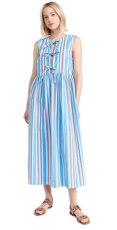 Shop Ganni Stripe Cotton Midi Dress Brilliant Blue 36