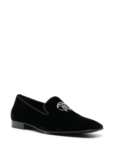 Shop Roberto Cavalli Logo-embroidered Velvet Loafers In Black