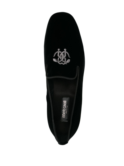 Shop Roberto Cavalli Logo-embroidered Velvet Loafers In Black