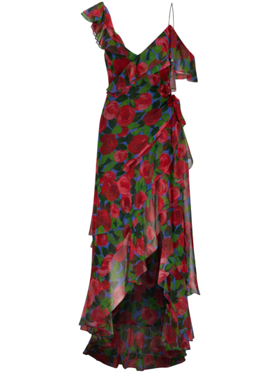 Shop Carolina Herrera One-shoulder Rose-print Silk Gown In Red