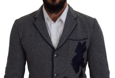 Shop Dolce & Gabbana Elegant Gray Wool Blazer With Blue Rose Men's Embroidery