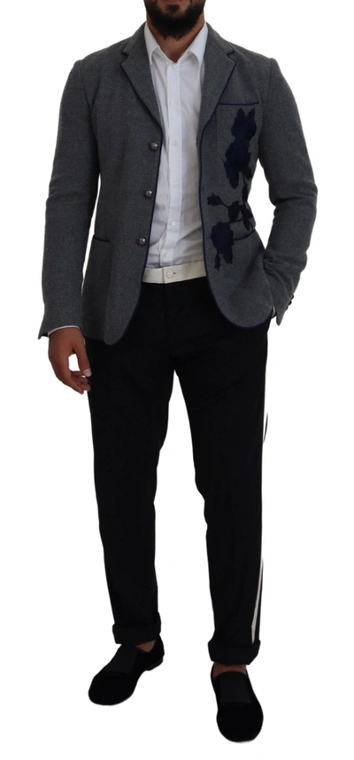 Shop Dolce & Gabbana Elegant Gray Wool Blazer With Blue Rose Men's Embroidery