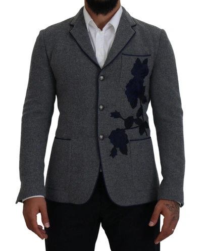 Shop Dolce & Gabbana Elegant Gray Wool Blazer With Blue Rose Men's Embroidery