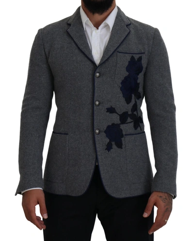 Dolce & Gabbana Gray Wool Roses Slim Fit Jacket Blazer In Gray