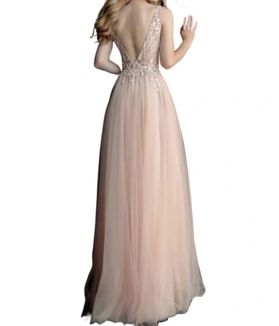 Shop Jovani Long Sleeveless Prom Dress In Nude In Silver