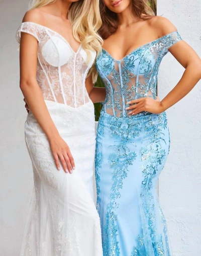 Shop Jovani Off The Shoulder Corset Mermaid Prom Dress In White In Blue