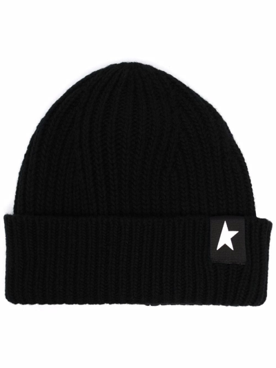 Golden Goose Mans Ribbed Black Wool Hat With Logo In Black