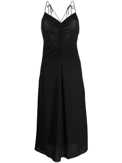 Shop Sandro Rhinestone-embellished Ruched Midi Dress In Black
