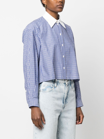 Shop Sandro Rhinestone-embellished Striped Cotton Shirt In Blue