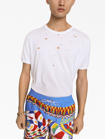 Shop Dolce & Gabbana Distressed Cotton T-shirt In White