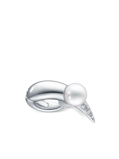 Shop Tasaki 18kt White Gold Collection Line Danger Horn Plus Pearl And Diamond Ear Cuff In Silver