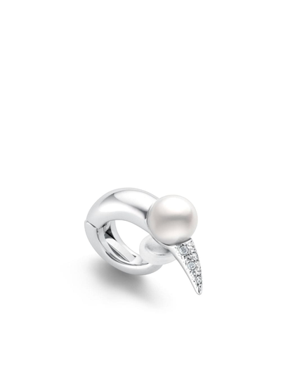 Shop Tasaki 18kt White Gold Collection Line Danger Horn Plus Pearl And Diamond Ear Cuff In Silver
