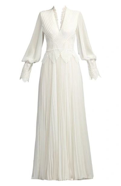 Tadashi Shoji Lace Embroidered Long Sleeve Chiffon Gown In Ivory/ Petal