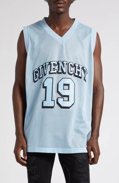 Shop Givenchy Logo Embroidered Mesh Basketball Top In Light Blue