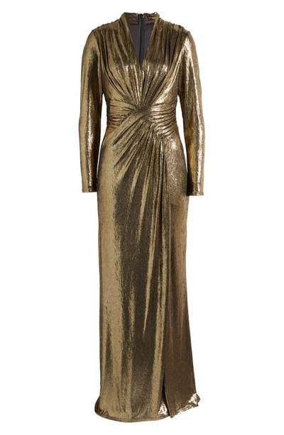 Shop Tadashi Shoji Draped Shimmer Long Sleeve Gown In Bronze