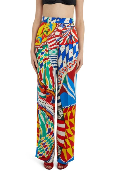 Shop Dolce & Gabbana Mixed Print Wide Leg Stretch Silk Pants In Blue Multicolor