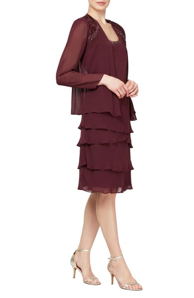 Sl Fashions Slny Tiered Chiffon Cocktail Dress With Jacket In Fig