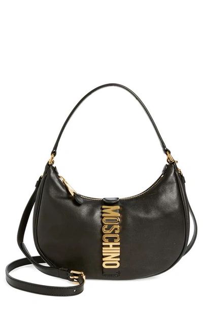 Shop Moschino Logo Belt Leather Shoulder Bag In 0555 Black