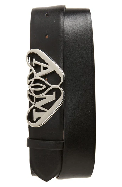 Shop Alexander Mcqueen Seal Buckle Leather Belt In Black