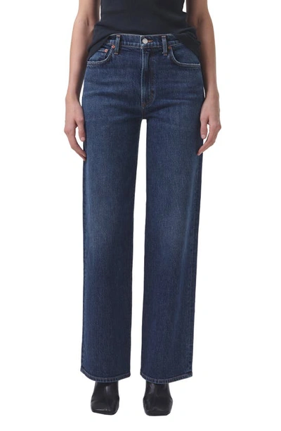 Agolde Wide-leg Denim Trousers With Metal Buttons In Blue
