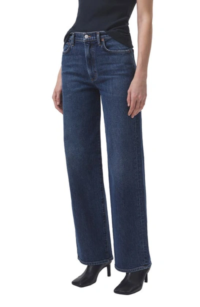 Agolde Wide-leg Denim Trousers With Metal Buttons In Blue